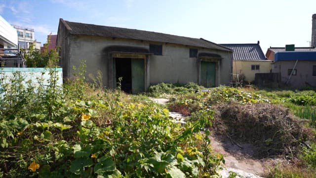 오래된 창고가 보이는 황폐한 풍경