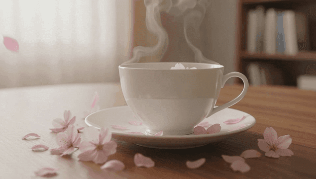 Steaming cup of tea with cherry blossoms
