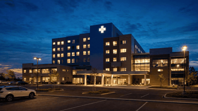 Modern hospital building in evening
