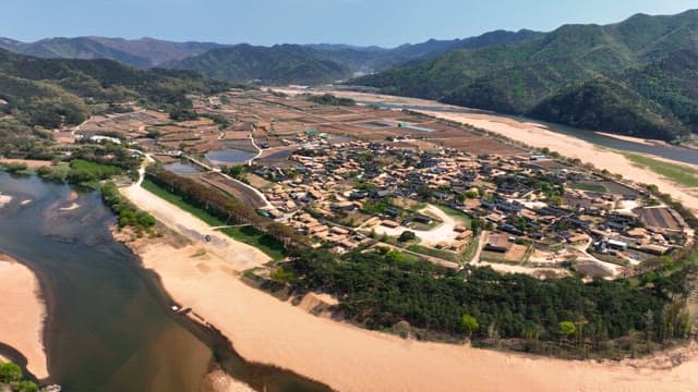 Traditional Korean house village surrounded by mountains