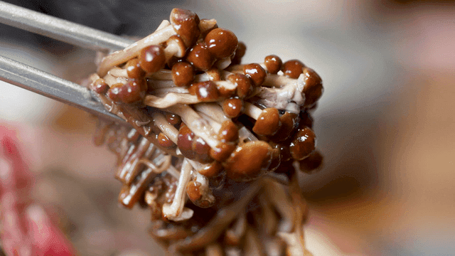 Bulgogi hot pot mushrooms held with chopsticks