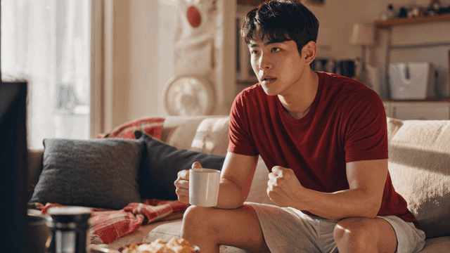 Man holding mug, watching TV intently