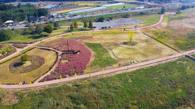 Scenic view of a park with colorful plants and paths