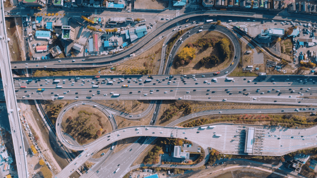 Aerial view of a busy highway interchange