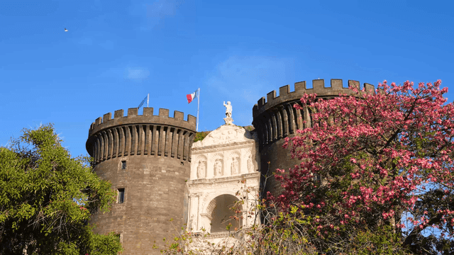 Historic castle with blooming flowers