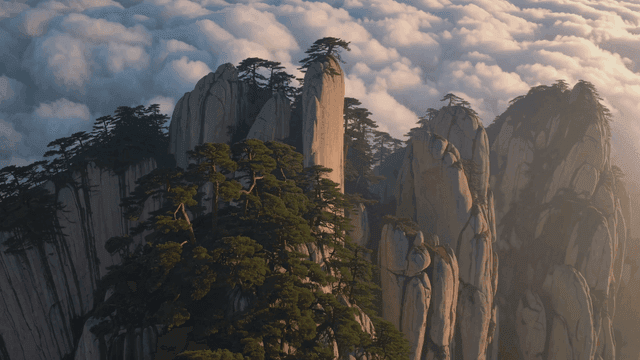 Majestic rocky mountain above clouds