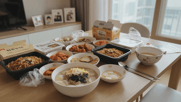 Table set with various delivery foods and tteokguk