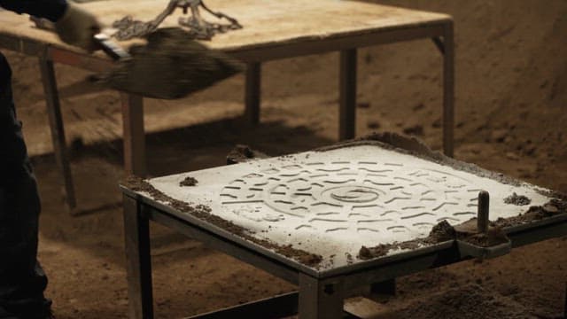 Worker shaping sand mold in a foundry