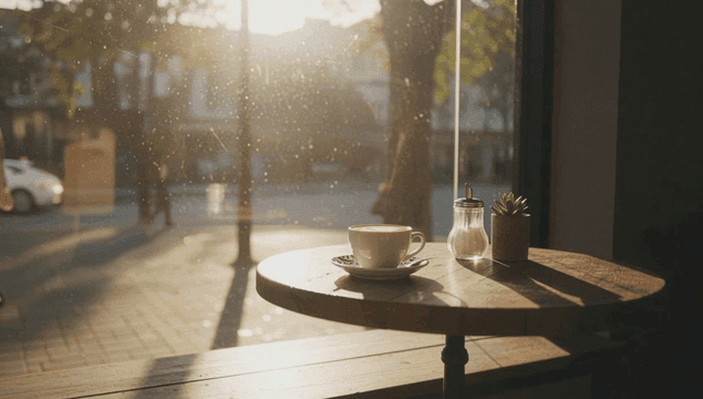 햇살이 비치는 아늑한 카페 창가에 놓인 커피