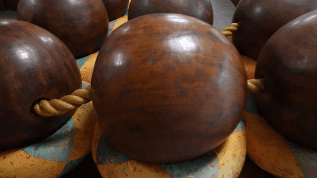 Giant prayer beads filling temple hall