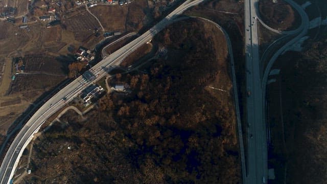 Overhead View of Highway Interchange Near Urban Area