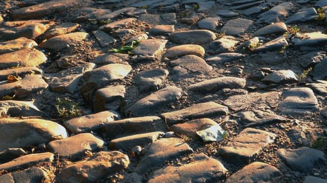 햇빛이 비친 돌길을 걷는 사람의 그림자