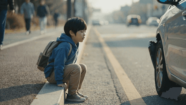 Boy sitting on curb next to road