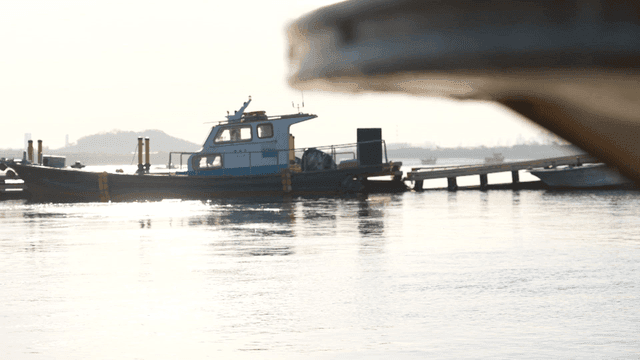 햇살이 비치는 항구에 정박한 배