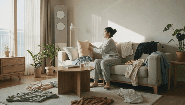 Woman reading book on comfortable sofa at home