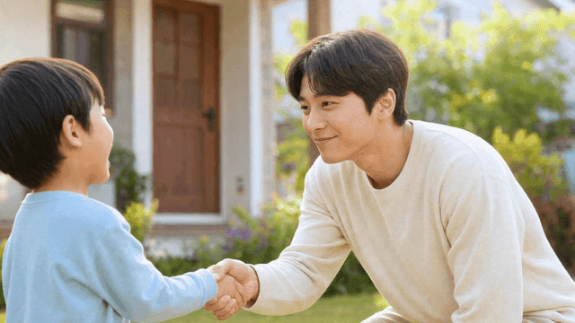 Man and child shaking hands in garden