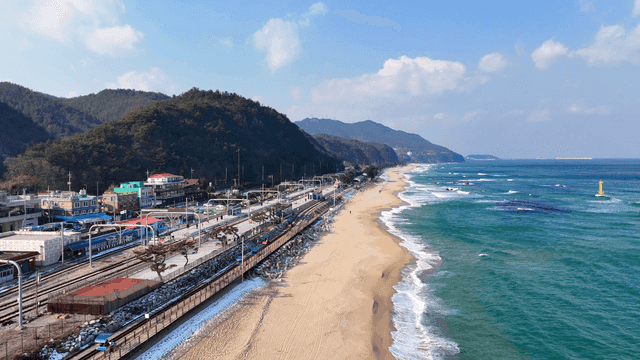 Coastal town with a scenic beach and railway