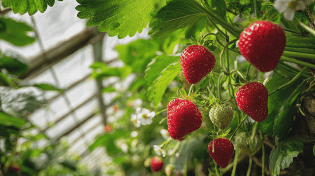 Ripe strawberries growing in a greenhouse