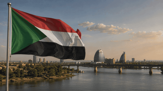 City skyline with flag of Republic of Sudan flying