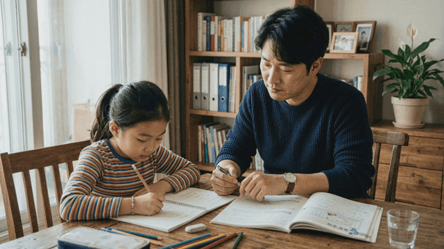 Father helping his daughter with her homework