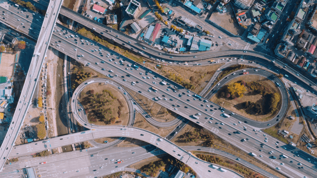 Aerial view of a busy highway interchange