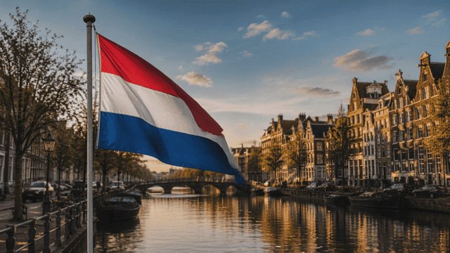 City canals where Dutch flag is fluttering in wind
