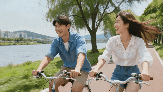 Couple cycling along a windy summer riverside path