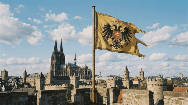 Landscape of historic cathedrals and castles with flag of Holy Roman Empire flying.