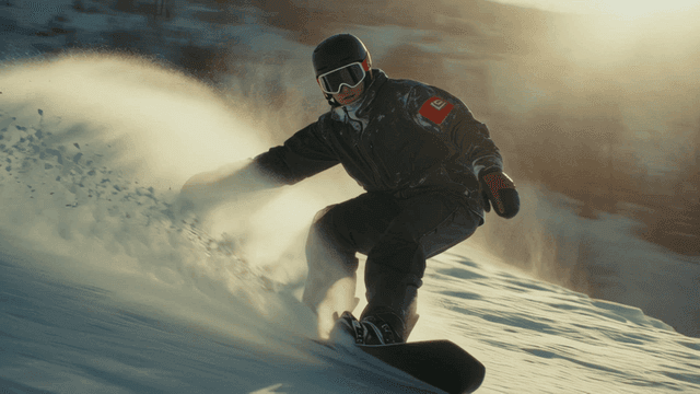Snowboarder cutting through snow