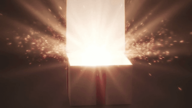 빨간 리본이 달린 열리는 선물 상자