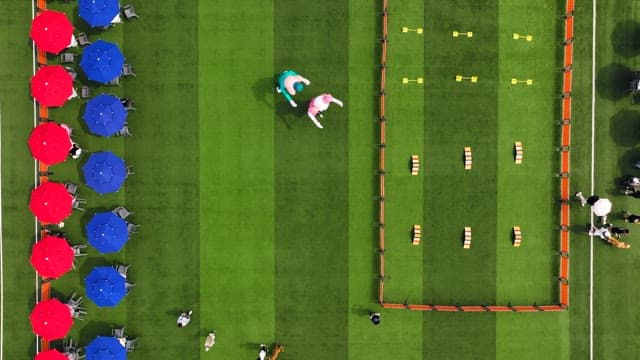 빨갛고 파란 파라솔이 있는 행사장에 모인 사람들