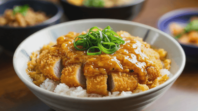 Bowl of katsudon topped with green onions