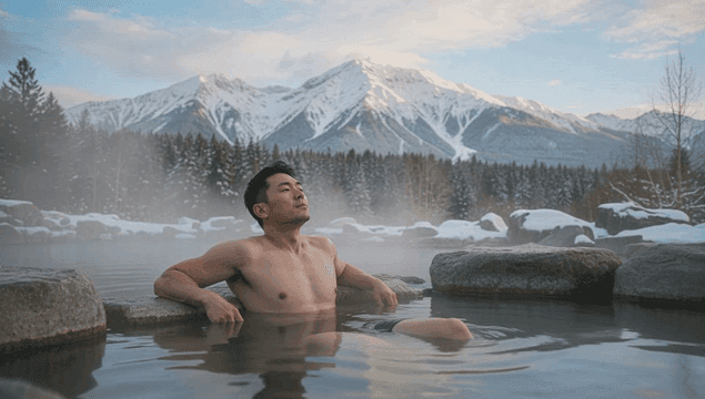 눈 덮인 산을 배경으로 온천에서 휴식을 취하는 남성