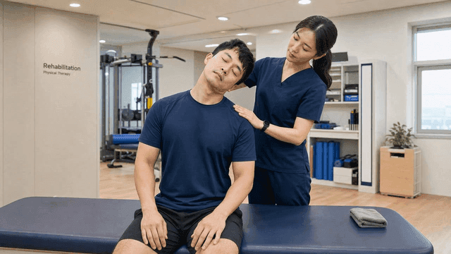 Physical therapist loosening patient's neck