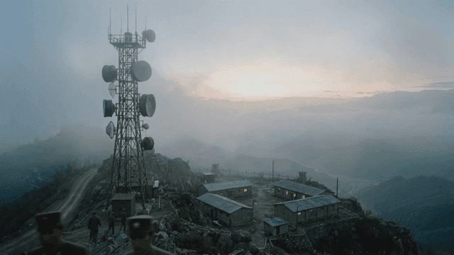Foggy mountains and North Korean military communication towers