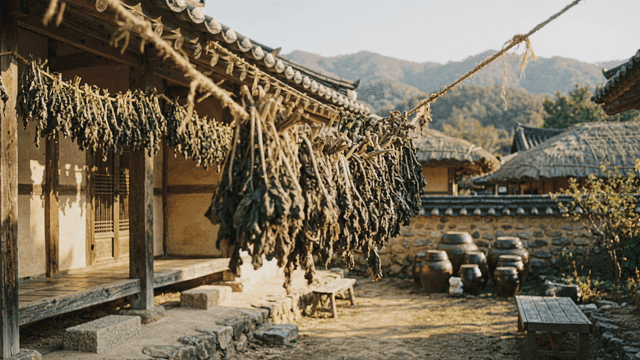 Traditional Hanok with dried radish greens
