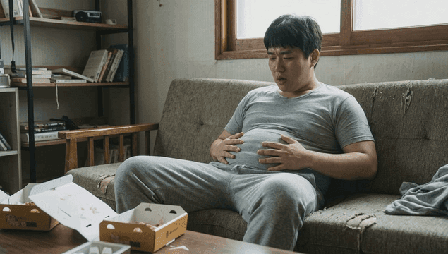 Obese man sitting on sofa holding his stomach