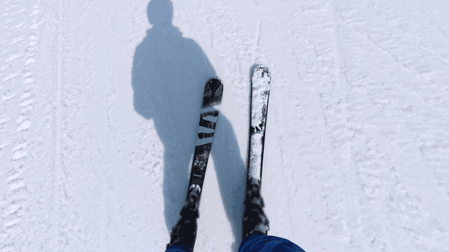 Legs of skier on snow-covered slope
