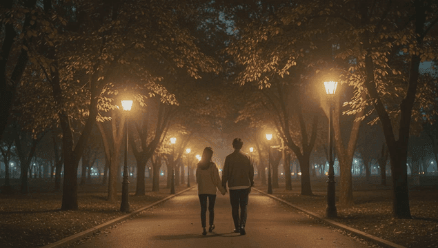 Back view of a couple walking in a park at night