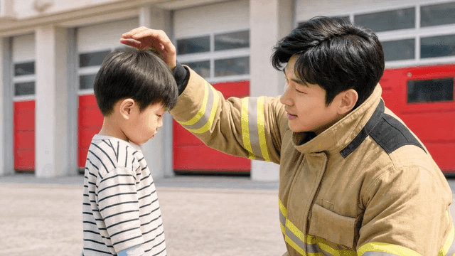 Firefighter comforting crying child