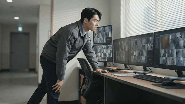 Security guard monitoring security footage