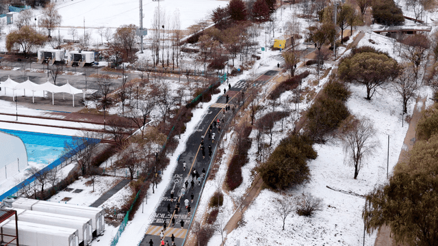 People jogging on a snowy park path