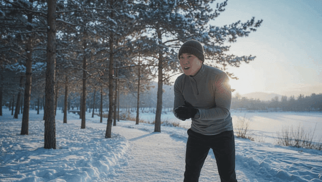 Man stretching in snow-covered forest at dawn
