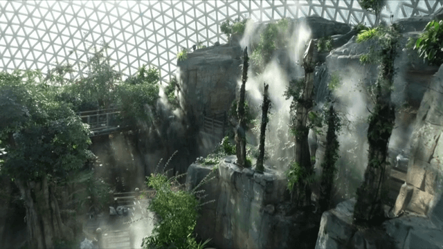 수증기가 뿜어져 나오는 실내 식물원