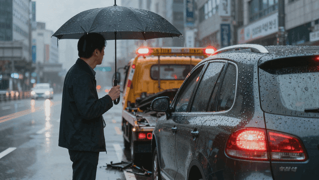 비 오는 날 우산을 쓴 남자와 견인되는 자동차