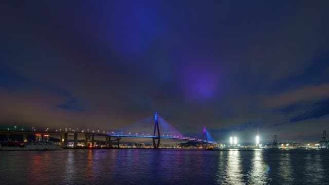 Colorful illuminated Busanhangdaegyo Bridge at night with cityscape