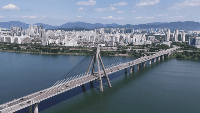City skyline and bridges over river