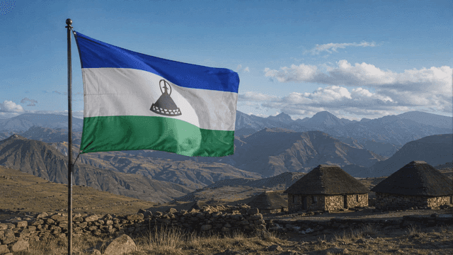 Flag of Kingdom of Lesotho fluttering in mountainous landscape