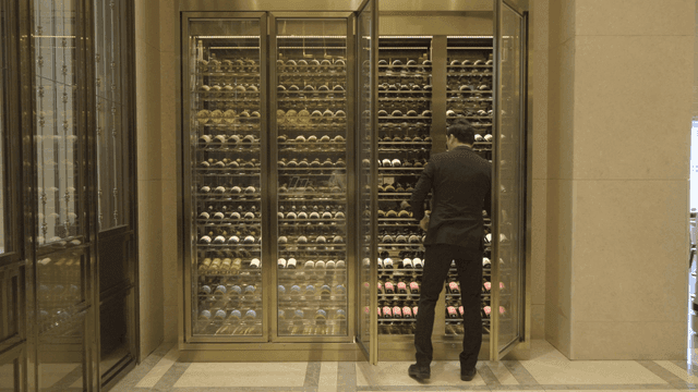Back view of man selecting wine in wine cellar