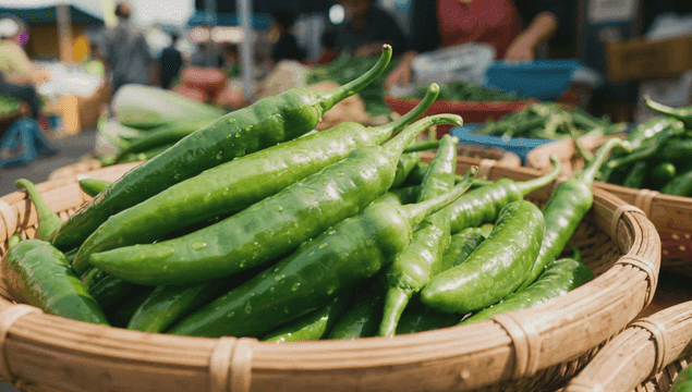 시장 바구니에 담긴 신선한 풋고추